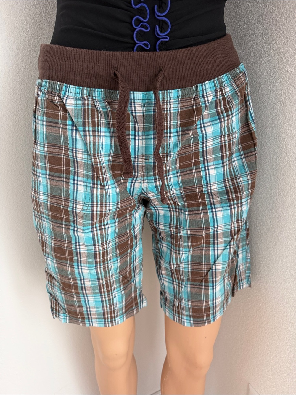 Plaid Drawstring Bermuda Shorts in Brown & Teal